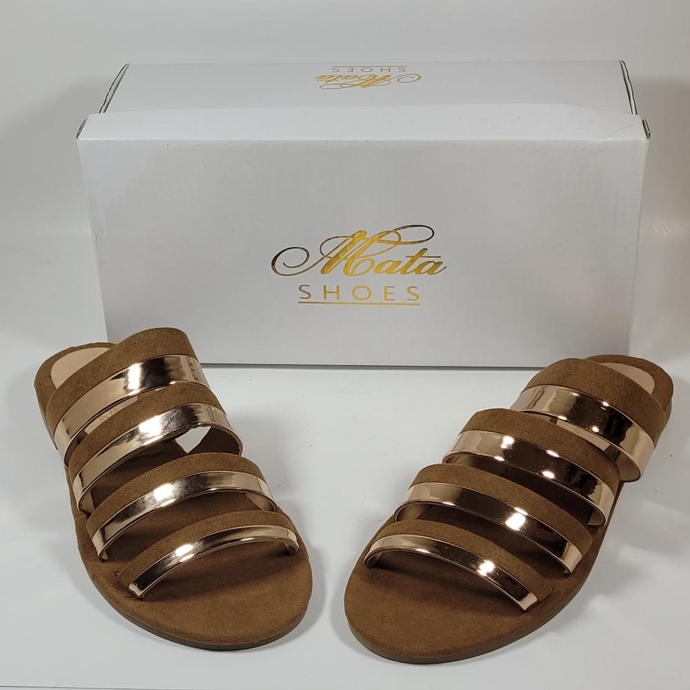 4 Strap Slip-On Sandals with Gold / Copper Accents Size 6 for Spring / Summer